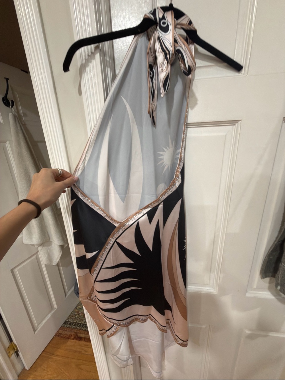 Asymmetrical Halter Dress in Beige, Black & White